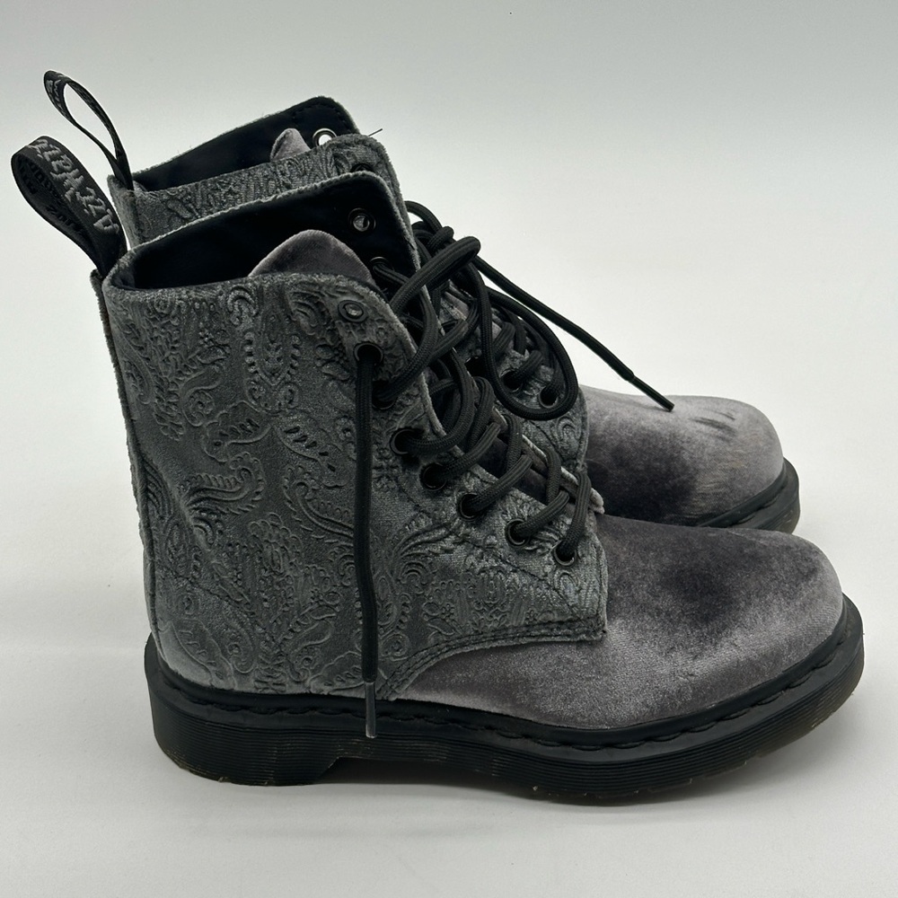Doc Dr Martens 1460‎ Brocade Grey Velvet Combat Boots Womens Sz 5 US Sz 3 UK